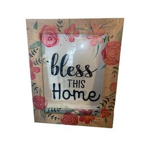 “Bless this Home” Wooden Glass Wall Hanging  Plaque Floral Design Decor 20”